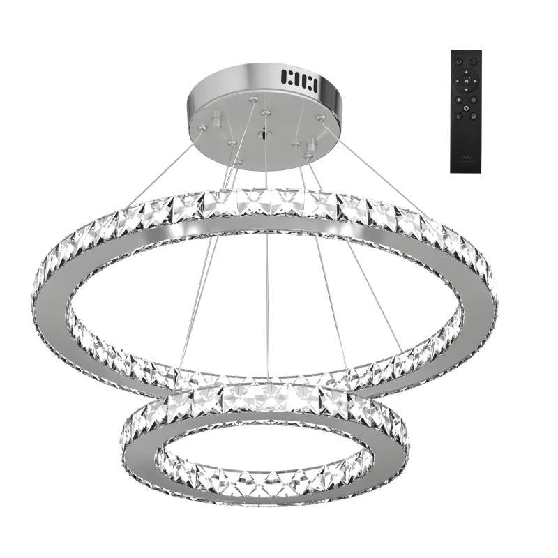 HOMCOM Modern LED Chandelier with 2 Crystal Rings, Dimmable Pendent Ceiling Light Cool Warm White with Adjustable Cable Remote Controller for Living Room, Dining Room, Bedroom, Silver