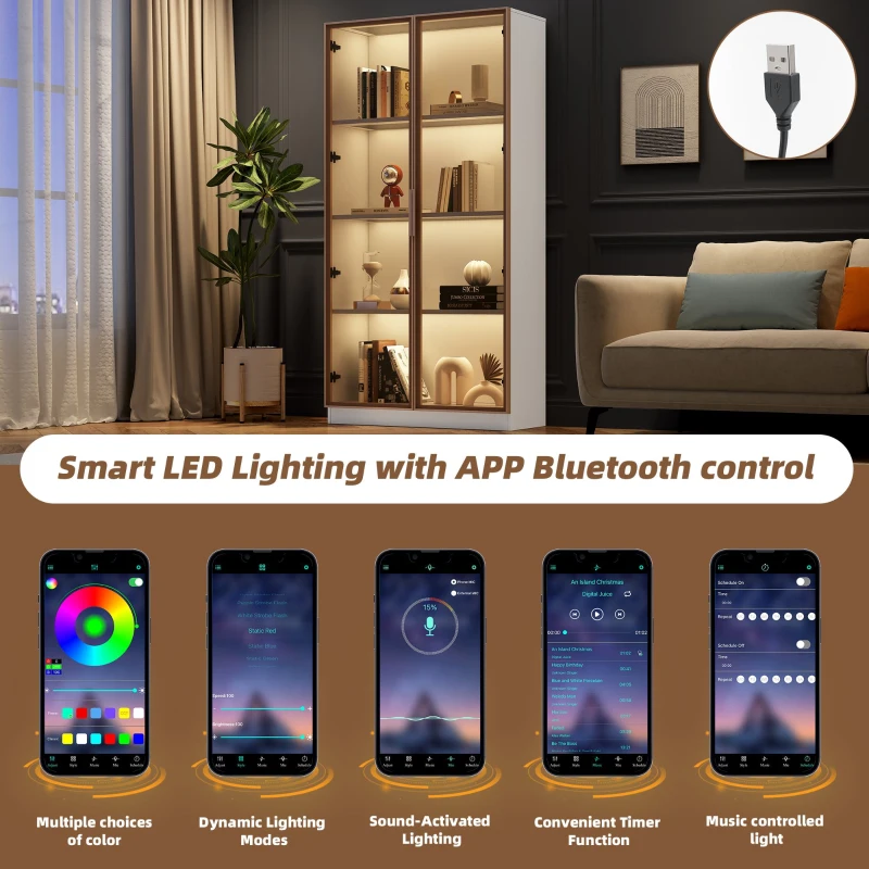LED Display Cabinet with Tempered Glass Doors, Adjustable Shelves and Smart APP-Controlled RGB Lighting, 160L x 80W x 40H cm, White