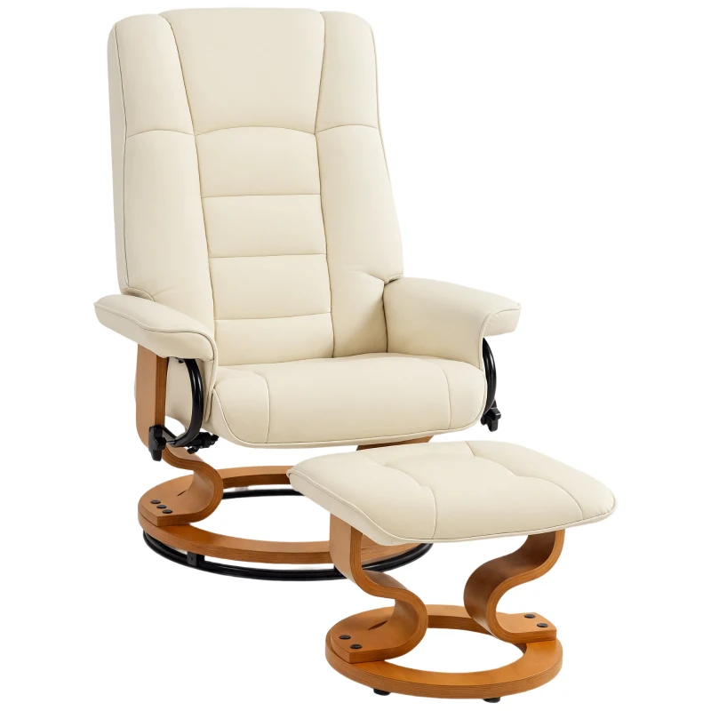 HOMCOM Sillón de relax reclinable con reposapiés, giratorio, marco de madera, revestimiento sintético crema