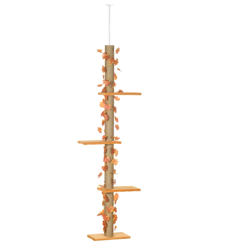 PawHut Árbol para Gatos de Suelo a Techo de 202-242 cm con 3 Plataformas Altura Ajustable y Decoración de Hoja de Arce Naranja