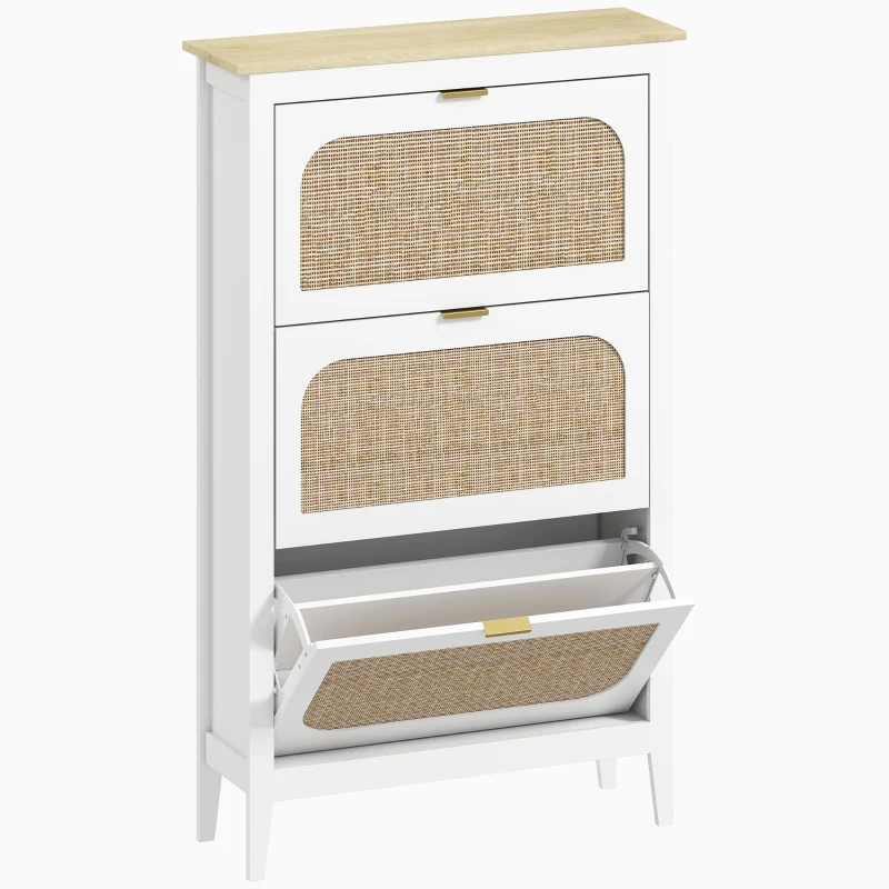 HOMCOM Mueble de zapatos 21 pares bohemio con 3 cajones abatibles, puertas de ratán, 80 x 24 x 131 cm, blanco