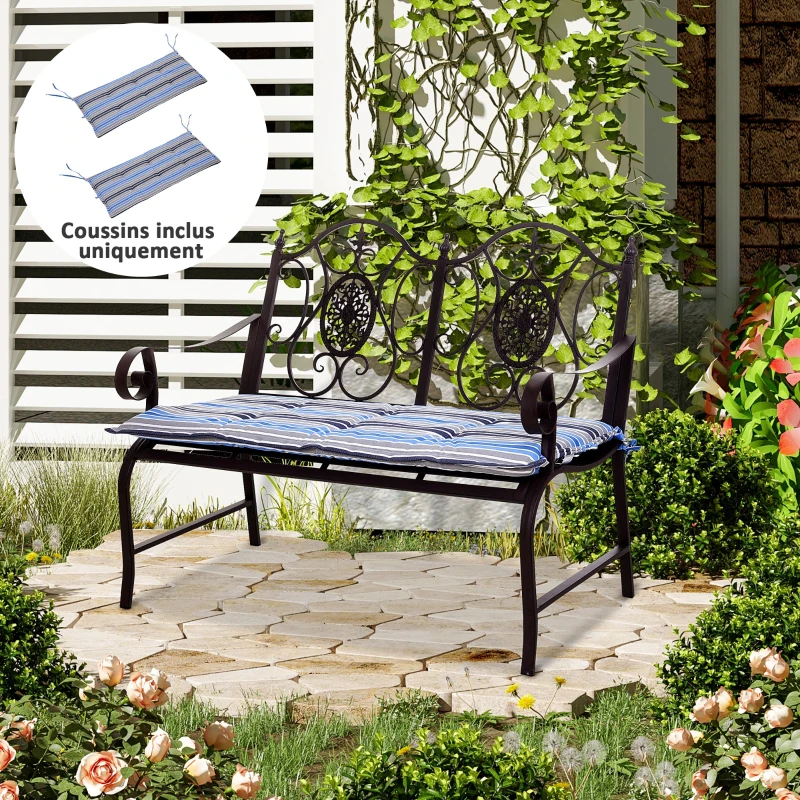 Outsunny Lot de 2 Coussins Matelas Assise pour Banc de Jardin balancelle canapé 2 Places - Cordons d'attache - dim. 120L x 50l x 5H cm - Polyester Gris Bleu rayé