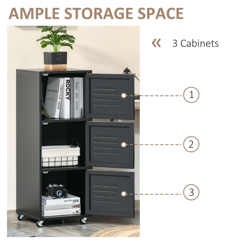 HOMCOM Vertical File Cabinet, Rolling Filing Cabinet with Wheels and Metal Doors for Home Office, Black