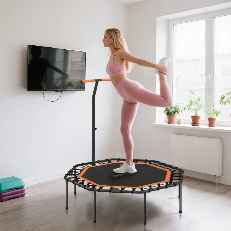 SPORTNOW Fitness-Trampolin, Trainingstrampolin mit verstellbarem Haltegriff, stabil und leise, für drinnen, Stahl, Orange(m-8)