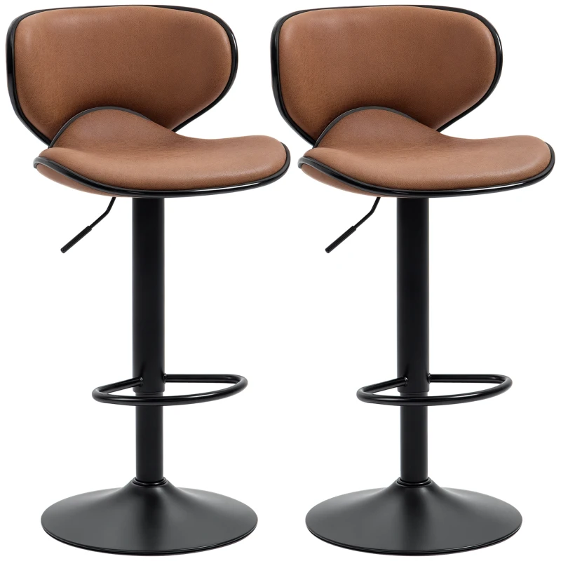 HOMCOM Adjustable Bar Stools Set of 2, Swivel Leathaire Upholstered Barstools with Large Seat, Breakfast Bar Chairs with Back, Footrest and Steel Base, Brown