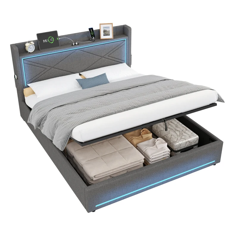 Double Upholstered Bed Frame with Hydraulic Storage, LED Lighting, USB and Type-C Charging Station, 210L x 141W x 110H cm, Grey