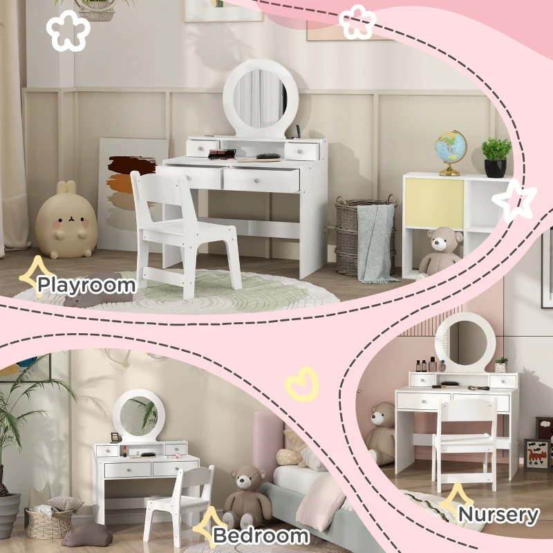 AIYAPLAY Kids Dressing Table Set Kids Make up Table with Stool and Mirror, Storage Drawers, Gift for Aged 3-8