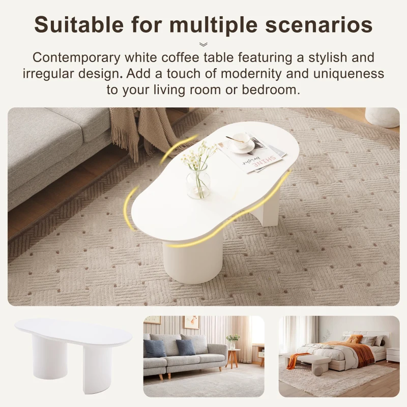 Modern Cloud-Shaped Coffee Table with MDF and PVC Construction, Spacious and Versatile, Easy Assembly, 100L x 50W x 40.5H cm, White