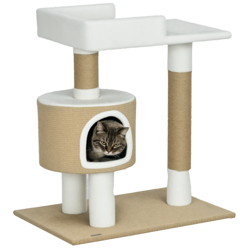 PawHut Albero tiragraffi Albero per gatti Tana per gatti, 1 Tana per gatti, 1 Lettiera, 70 cm x 49 cm x 79 cm, Naturale + Bianco