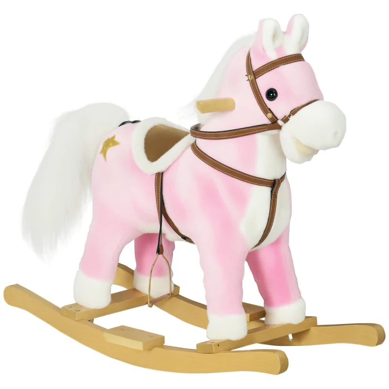 HOMCOM Schaukelpferd, Sattel mit Steigbügeln, Soundeffekte, Musik, Plüschkörper, Metallrahmen, bis 30 kg, pink