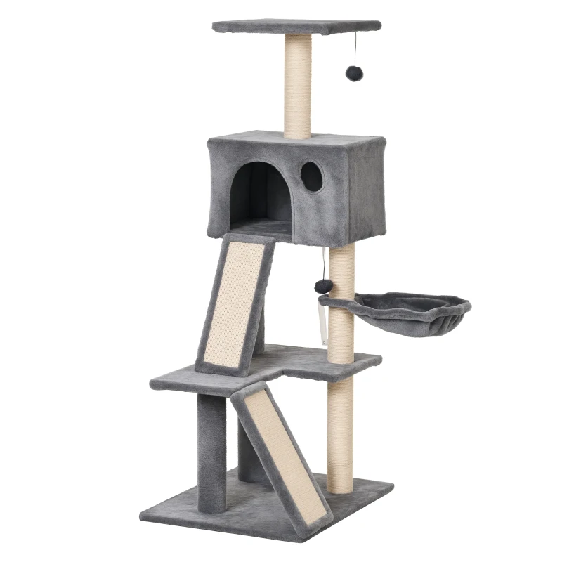 PawHut 130cm Cat Tree for Indoor Cats Activity Center with Condo Scratching Post Ladders Kitty Climbing Tower Relaxing Playing