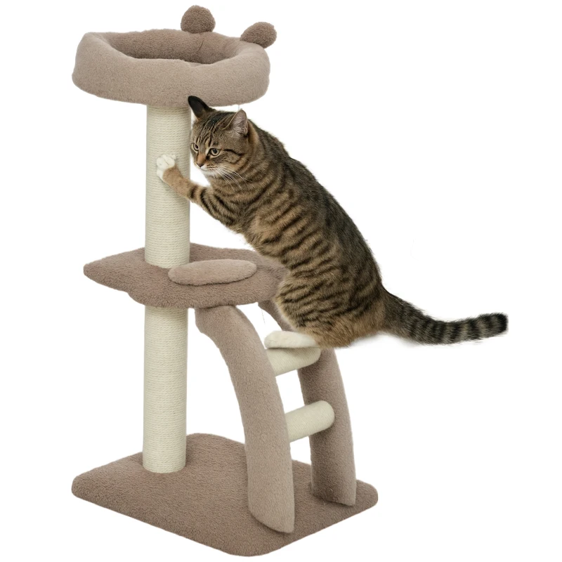 PawHut Albero Tiragraffi a 3 Livelli con Trespolo Superiore e Pallina Giocattolo, 48x40x88 cm, Bianco e Marrone
