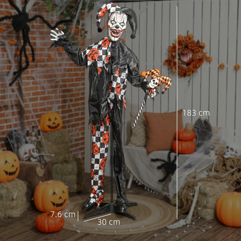Outsunny 183 cm Life Size Halloween Animated Clown & Skull Staff with Red Light Up Eyes, Sound Activated Moving Arms & Head, Scary Clown Halloween Decorations, Battery Operated, Indoor Party Props