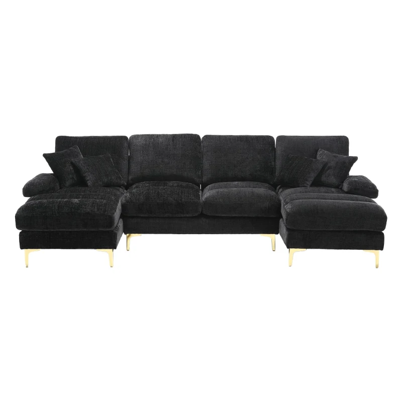 U-Shaped Modular Sofa with Pillows, Double Chaise, Rubber Pads, Chenille Fabric Sectional Couch for Living Room, 272L x 136W x 88H cm, Black