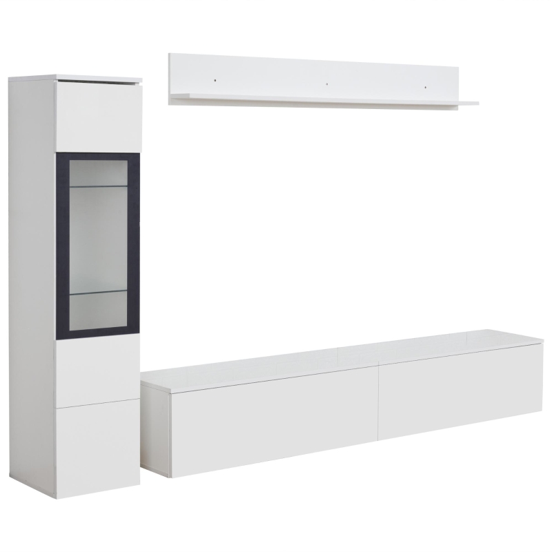 High Gloss TV Wall Unit Set with LED Lighting, Handleless Design, Includes TV Cabinet, Display Cabinet, Hanging Shelf, 457L x 84W x 76H cm, White