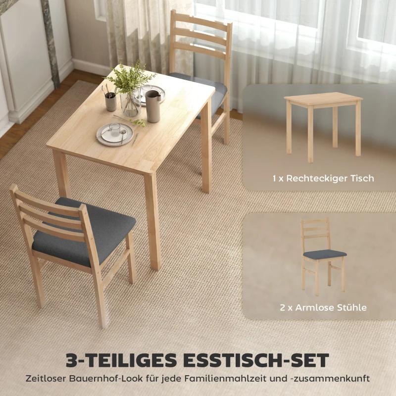 HOMCOM 3-delige Eettafelset met 2 Stoelen, Keukentafel voor Compacte Ruimtes, Gevoerde Stoelen, Ruimtebesparend, MDF, Natuurlijk Hout(m-4)