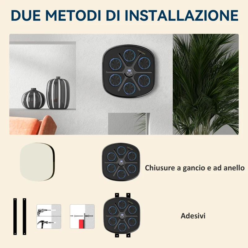 SPORTNOW Boxing Machine Musicale a Parete con 9 Velocità, Connessione Bluetooth e Guanti, 41.8x44.6x7.5 cm, Nero e Blu