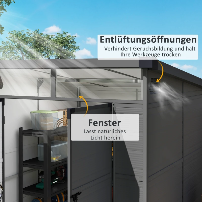 Outsunny 1,9 x 1,9 m Tuinhuis, Gereedschapsschuur van Kunststof, Afsluitbare Deuren, 2 Ventilatieopeningen, Donkergrijs(m-5)