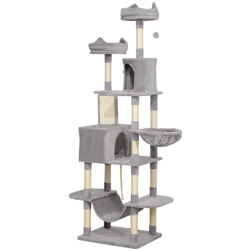 PawHut Árbol Rascador para Gatos Grande Altura 206 cm con Múltiples Niveles Cuevas Bolas Colgantes y Hamacas Gris