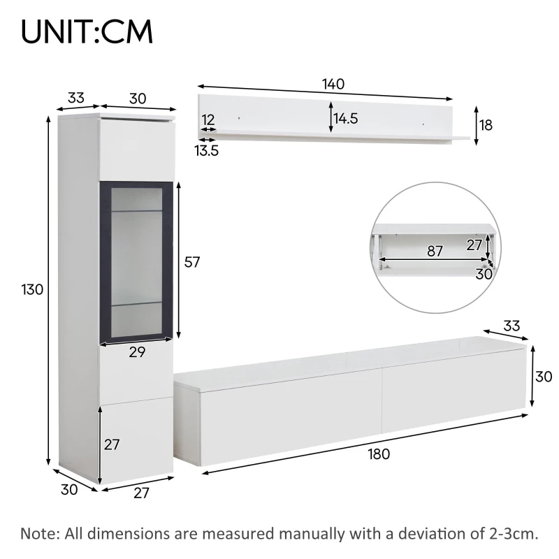 High Gloss TV Wall Unit Set with LED Lighting, Handleless Design, Includes TV Cabinet, Display Cabinet, Hanging Shelf, 457L x 84W x 76H cm, White
