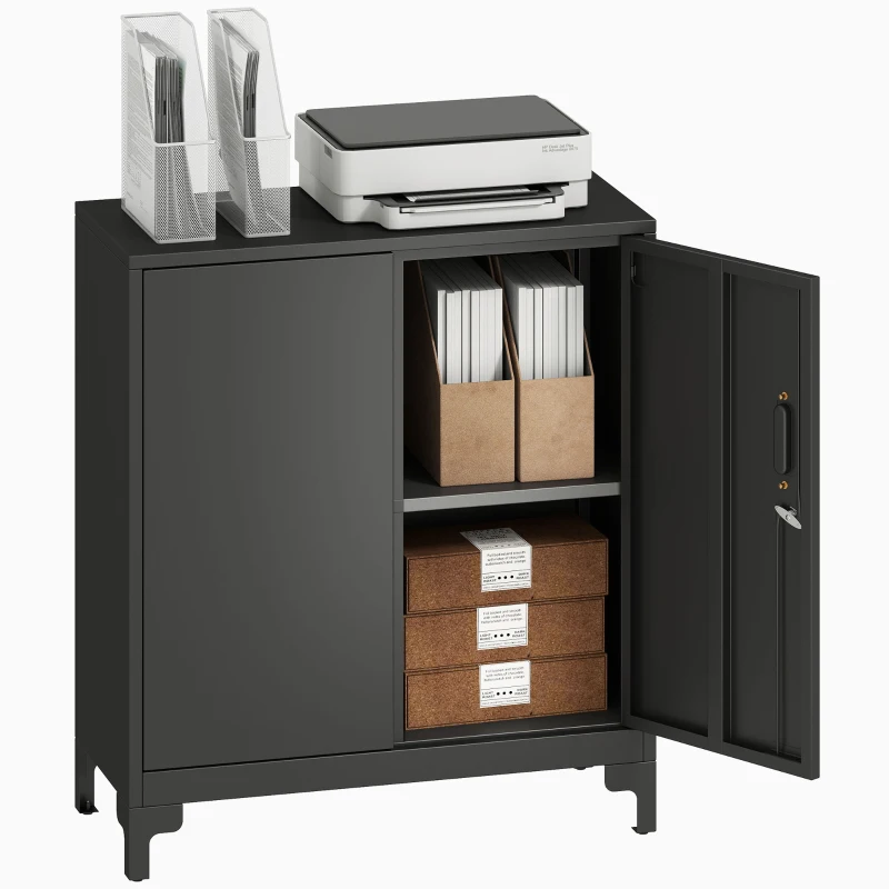 HOMCOM Armadietto da ufficio in metallo, porte chiudibili, cassettiera da ufficio, design a due livelli, Nero