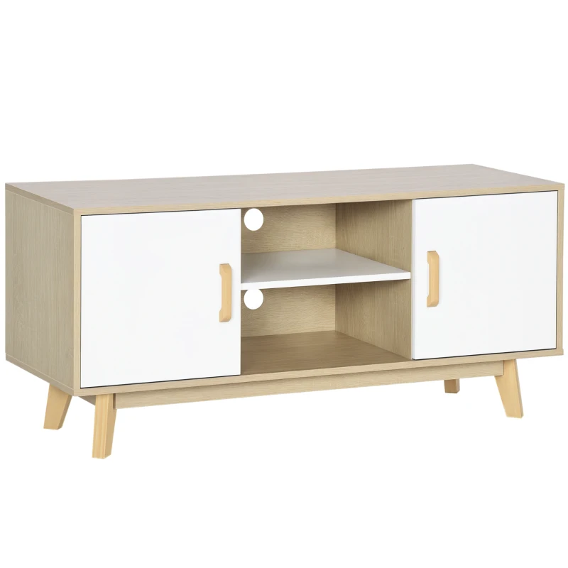 HOMCOM TV-Lowboard Fernsehschrank TV Schrank Fernsehtisch Sideboard mit 2 Schränke und offenen Regale Skandi-Design bis zu 55 Zoll Natur+Weiß 120 x 40 x 55 cm