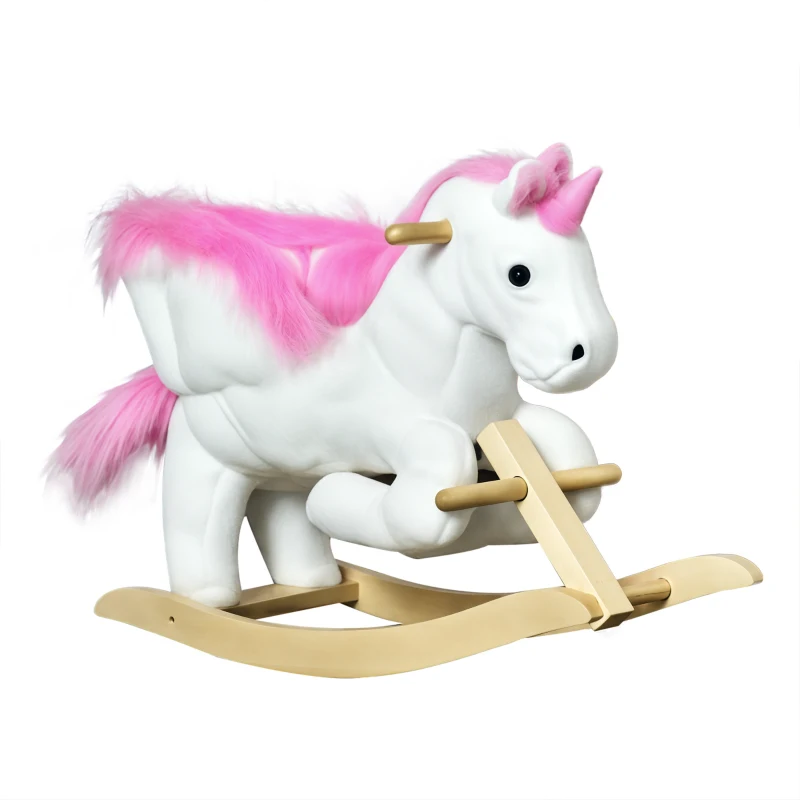 HOMCOM Kids Rocking Horse Unicorn Wooden Plush Ride On Chair Toy with Music 1.5-3 Years