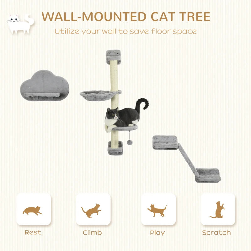 Three-Piece Wall-Mounted Cat Shelves, with Hammock, Ladder, Platforms, Scratching Post - Grey