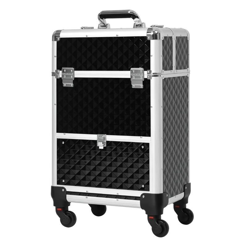 HOMCOM Maletín de Maquillaje Profesional con Cajón Maleta de Maquillaje con Ruedas para Viaje Trabajo 34x25x62 cm Negro