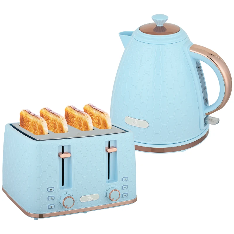 HOMCOM Kettle and Toaster Set, 1.7L 3000W Fast Boil Jug Kettle, 4 Slice Toaster with 7 Level Browning Controls, Light Blue