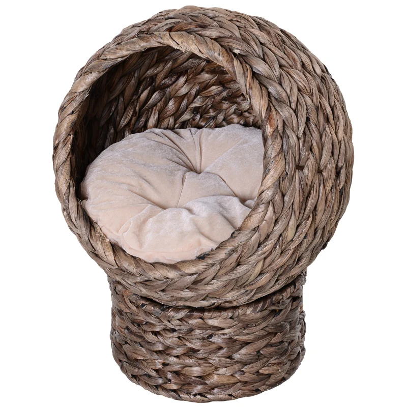 PawHut Elevated Kitten Hooded Rattan Cat House Basket Cushion, 42x33x52cm Brown