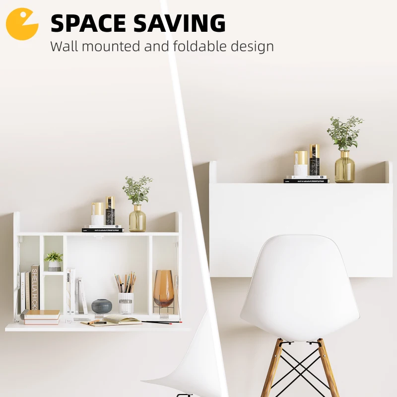 HOMCOM Space Saving Wall Mounted Desk, Drop Leaf Floating Table with Storage Compartments for Home Office and Study, White