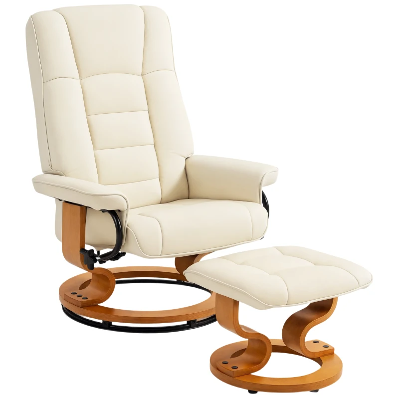HOMCOM Sillón de relax reclinable con reposapiés, giratorio, marco de madera, revestimiento sintético crema