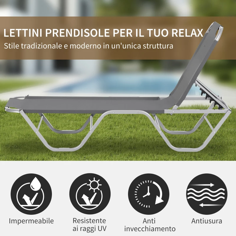 Outsunny Lettino Prendisole in Alluminio con Schienale Reclinabile a 5 Livelli, 163x58.5x91cm, Argento