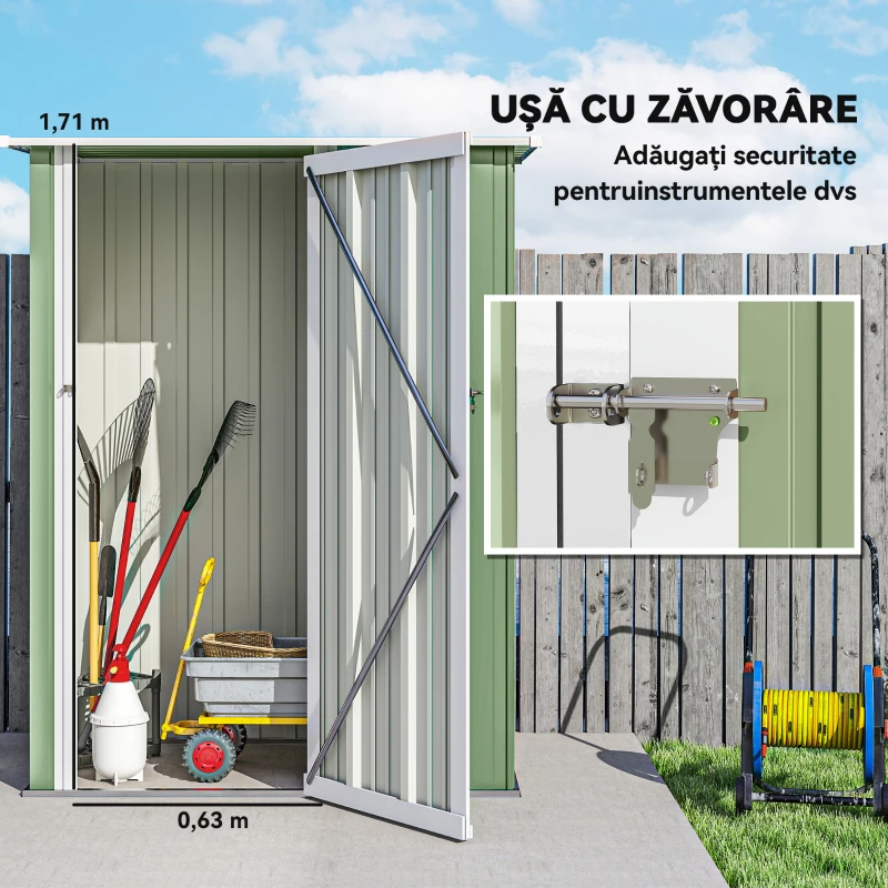 Outsunny Abrigo de Jardim 1,07㎡ 142x84x189 cm Abrigo de Armazenamento Abrigo de Ferramentas com Teto Inclinado e Porta Verde Clar