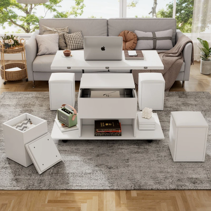 Lift-Up Coffee Table with Hydraulic Mechanism, Hidden Storage and Adjustable Height, 100L x 50W x 48H cm, White