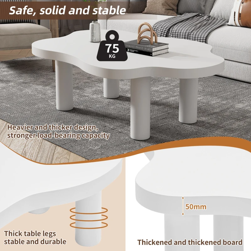 Cloud Shaped Coffee Table with Robust Construction, Modern Design with Rounded Corners, Easy Assembly, 100.5L x 69.5W x 41.5H cm, White