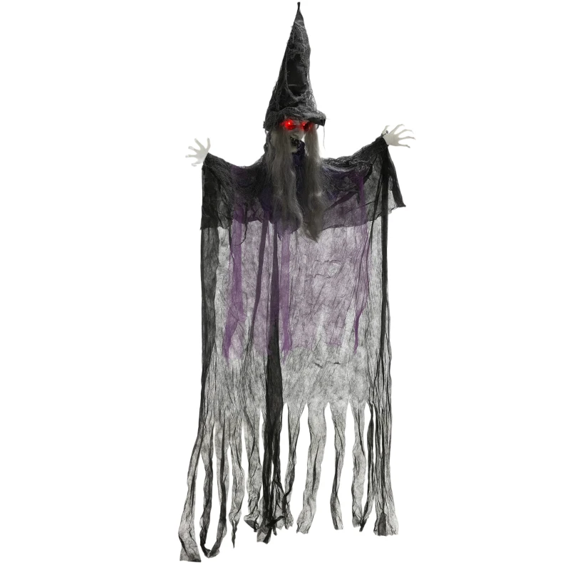 Outsunny 183 cm Life Size Halloween Animated Hanging Witch with Glowing LED Eyes, Spooky Witch Scary Halloween Decorations, Battery Operated, Indoor Party Props