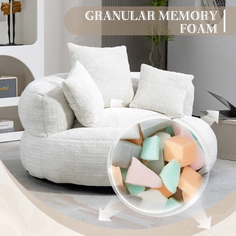 Lazy Sofa Bean Bag Chair with Memory Foam and Chenille Fabric, High Back Design with Three Pillows, 108L x 108W x 52H cm, Beige