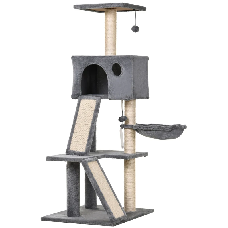 PawHut Arbre à chats multi-équipements griffoirs grattoirs plateformes rampes niche hamac jouets suspendus dim. 60L x 49l x 130H cm gris