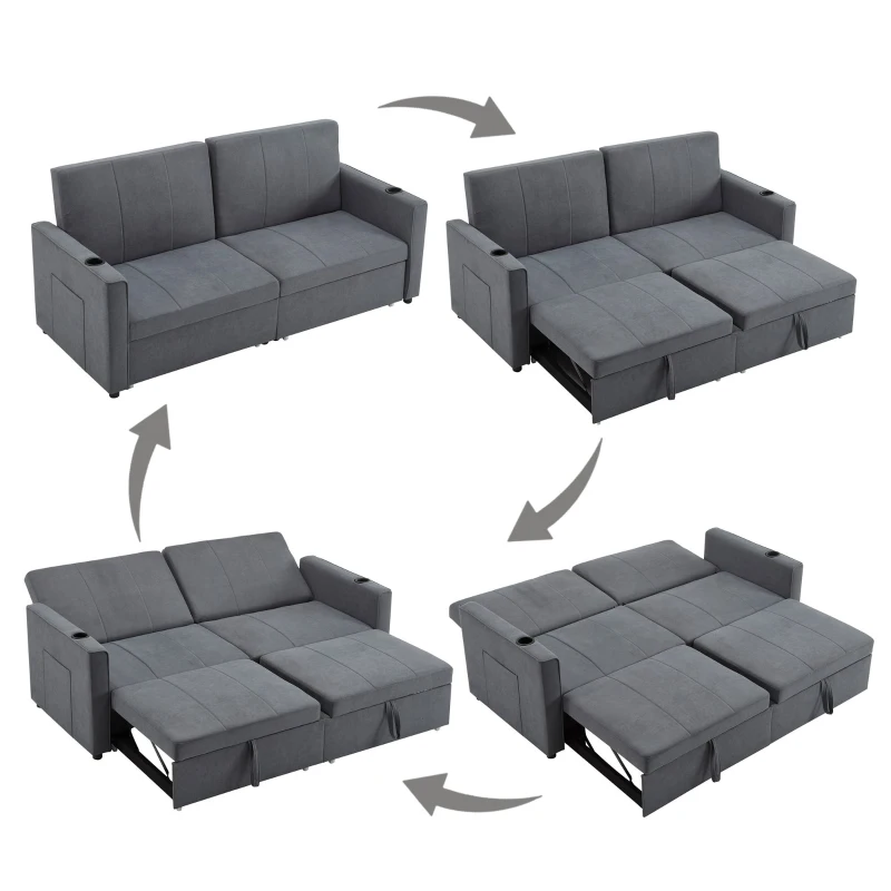 Convertible Fabric Sofa Chair with Cup Holders and Side Pockets, King Size Independent Pull Out Sofa Bed, 207L x 87W x 96H cm, Gray
