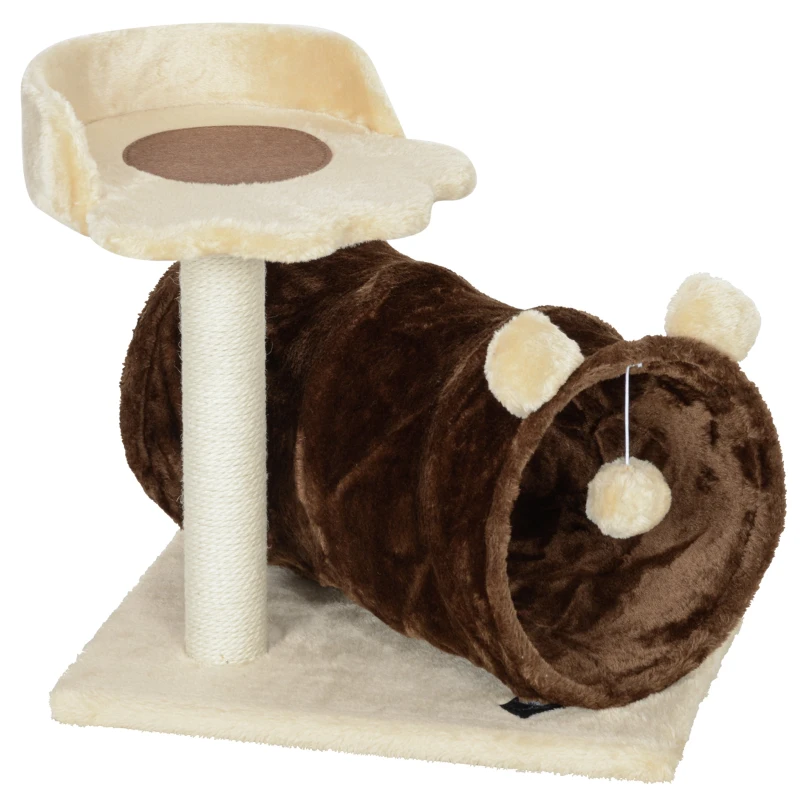 PawHut Árbol Rascador para Gatos Altura 47 cm con Túnel Nido Plataformas Bola de Juguete y Poste de Yute Marrón Oscuro