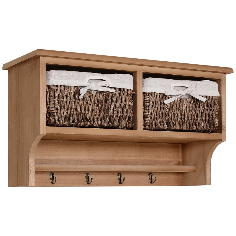 HOMCOM Wall Mounted Entryway Coat Rack, Hallway Storage Shelf with 2 Baskets and 4 Hooks, Brown