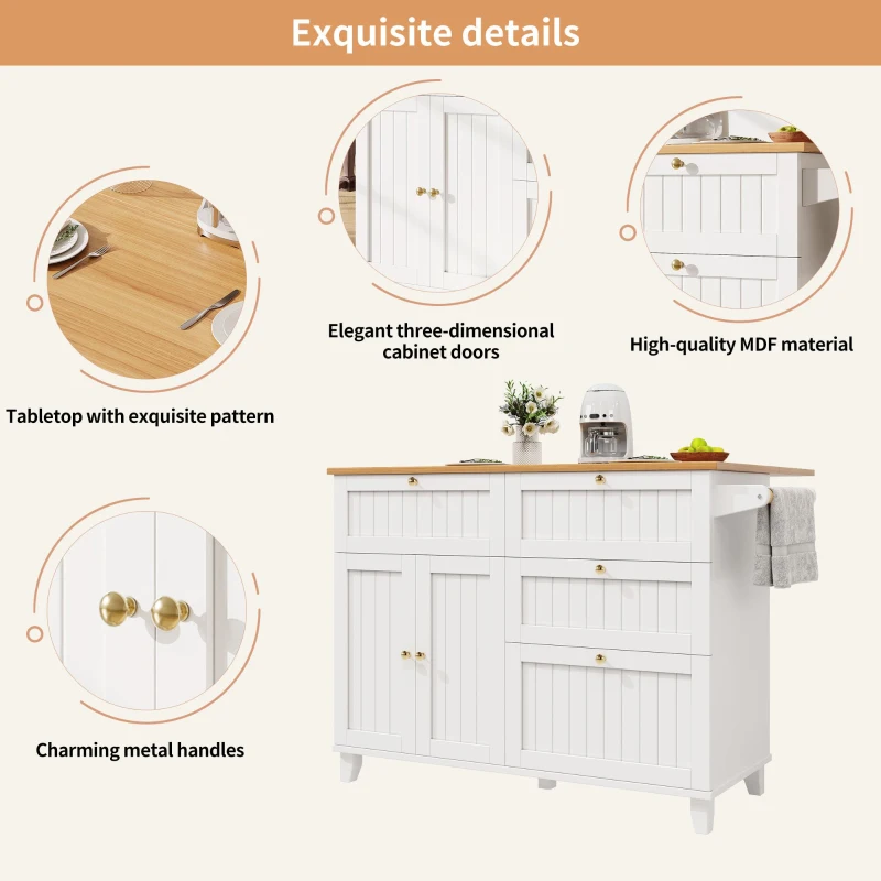 Rolling Mobile Kitchen Island Cart with Drawer and Storage Cabinet, Drop Leaf and Multi-Functional Design, 133L x 70W x 88H cm, White