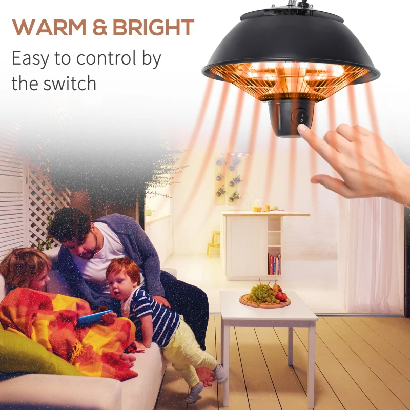 Outsunny Ceiling Mounted Electric Heater, 600W Hanging Halogen Light with Adjustable Hook Chain, Black Aluminium Frame