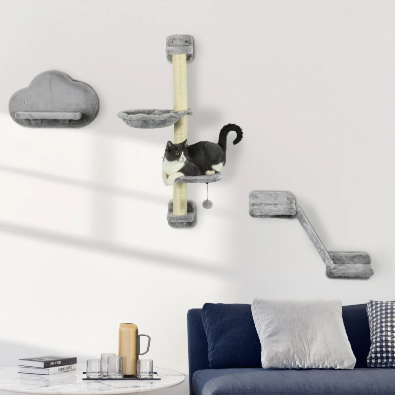Three-Piece Wall-Mounted Cat Shelves, with Hammock, Ladder, Platforms, Scratching Post - Grey