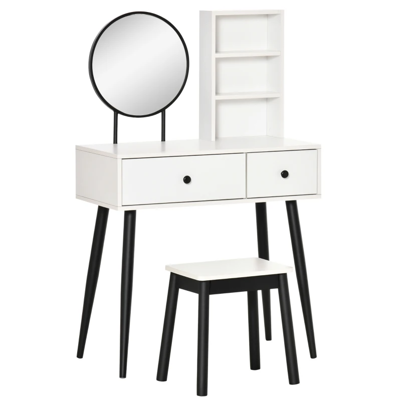 HOMCOM Juego Tocador de Maquillaje con Taburete Espejo Redondo 2 Cajones de Almacenaje y 3 Estantes Mesa de Maquillaje para Dormitorio Vestidor 80x42x131 cm Blanco