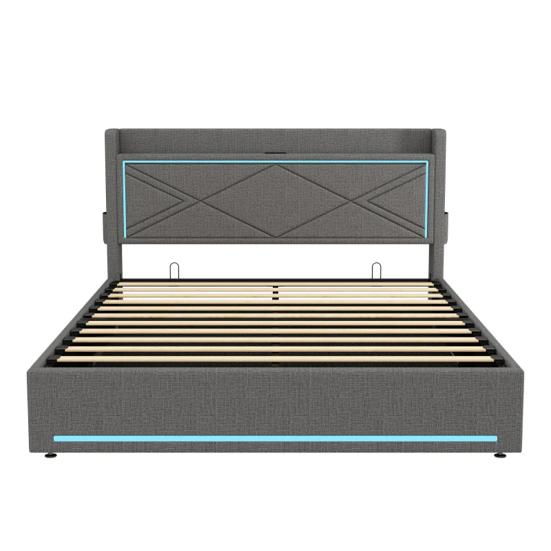 Double Upholstered Bed Frame with Hydraulic Storage, LED Lighting, USB and Type-C Charging Station, 210L x 141W x 110H cm, Grey
