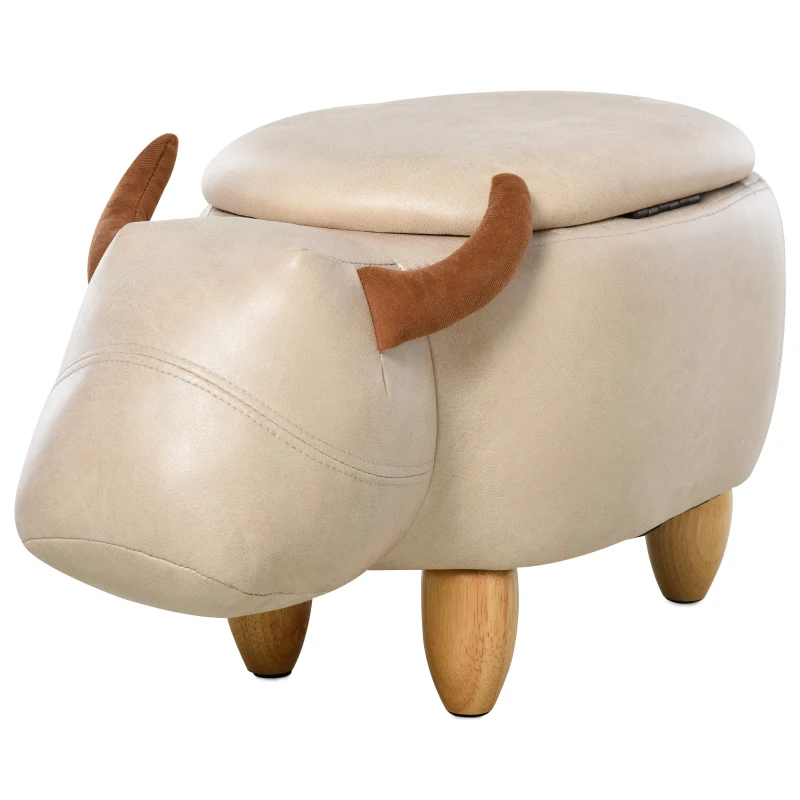 HOMCOM Tabouret Vache - Pouf Vachette - Pouf Taureau Coffre de Rangement 2 en 1 - Pieds Bois d'hévéa revêtement synthétique Aspect Crème