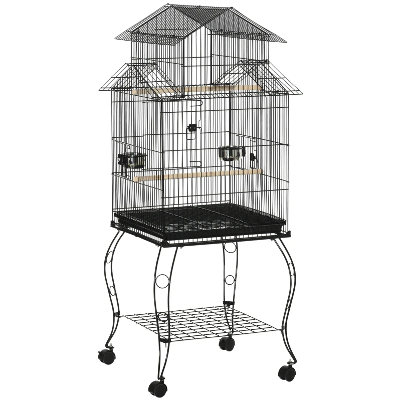 PawHut Gaiola para Pássaros com Rodas Bandeja Amovível Portas Comedouro Poleiro e Prateleira Inferior 50x49x137 cm Preto